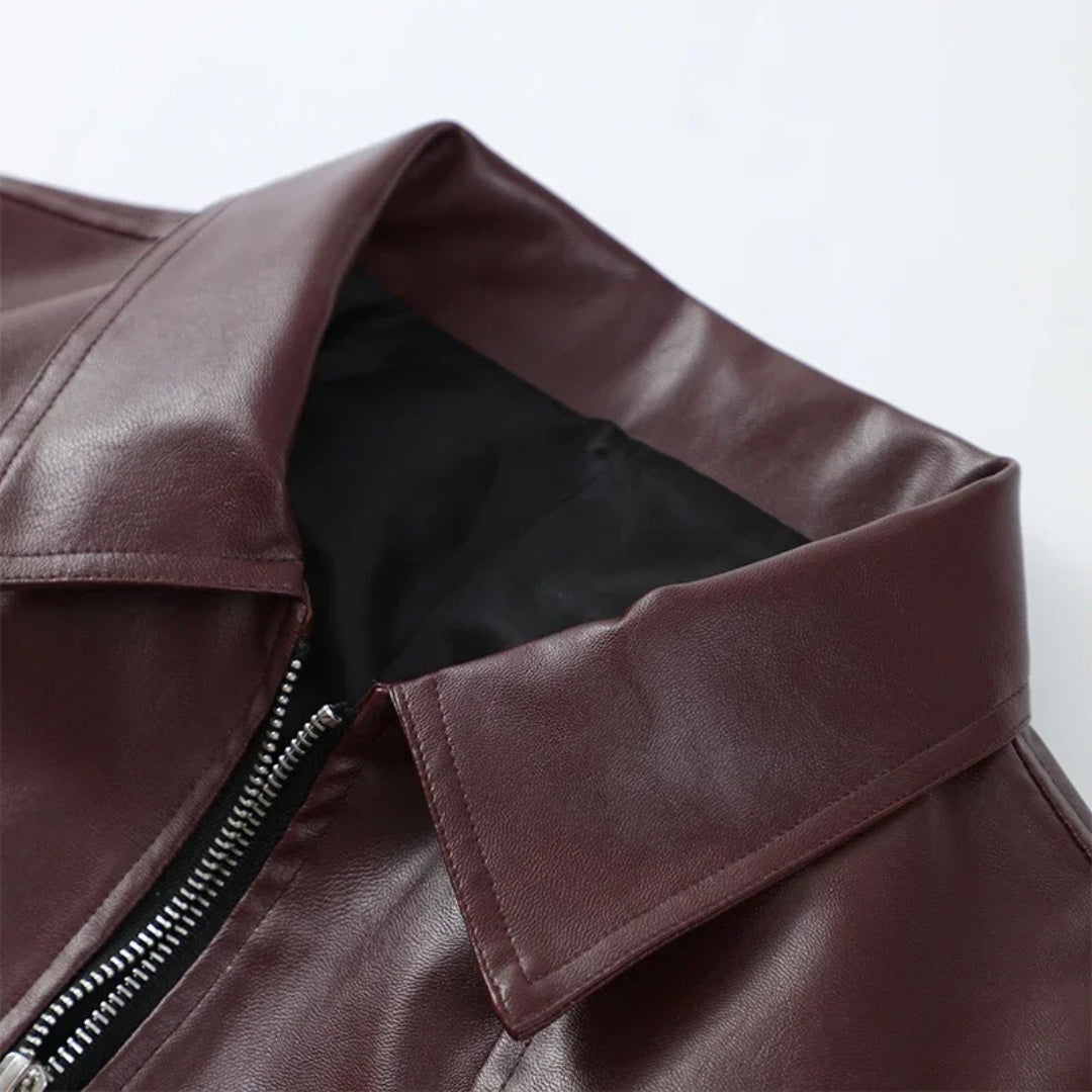 Wine Red PU Leather Cropped Jacket