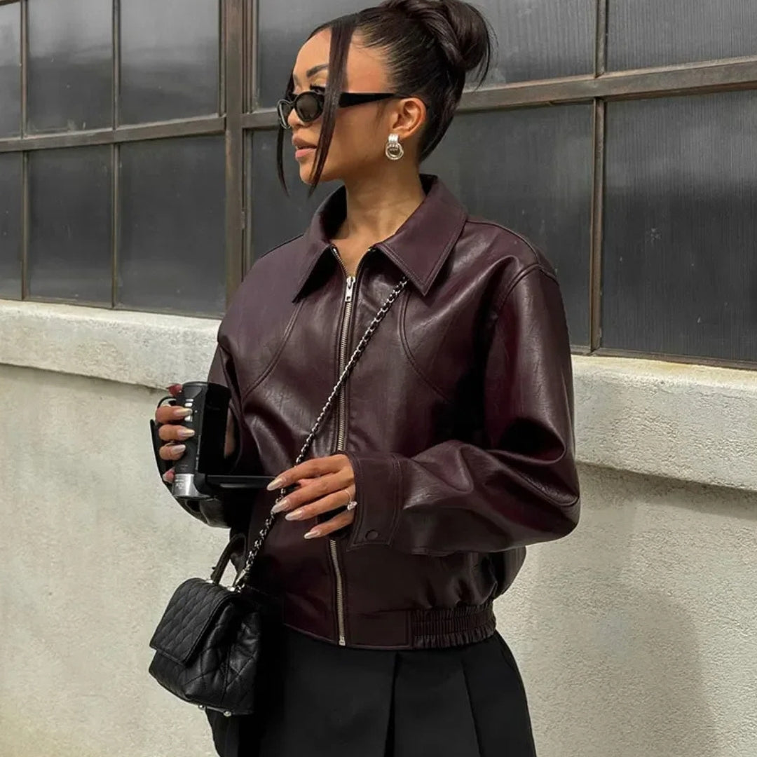 Wine Red PU Leather Cropped Jacket