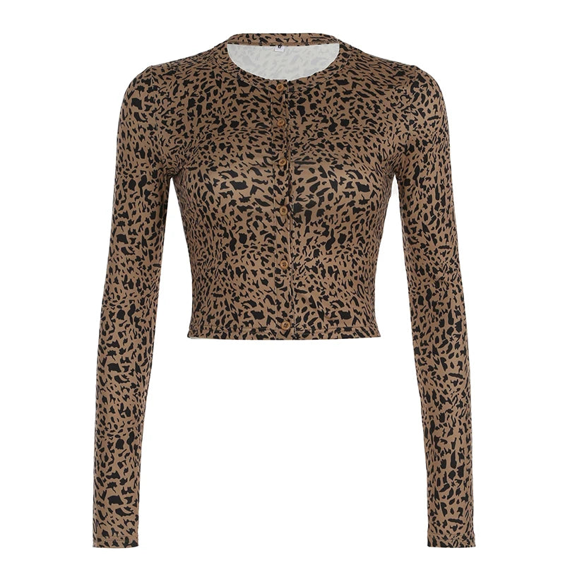 Leopard Print Slim Fit Long Sleeve Top