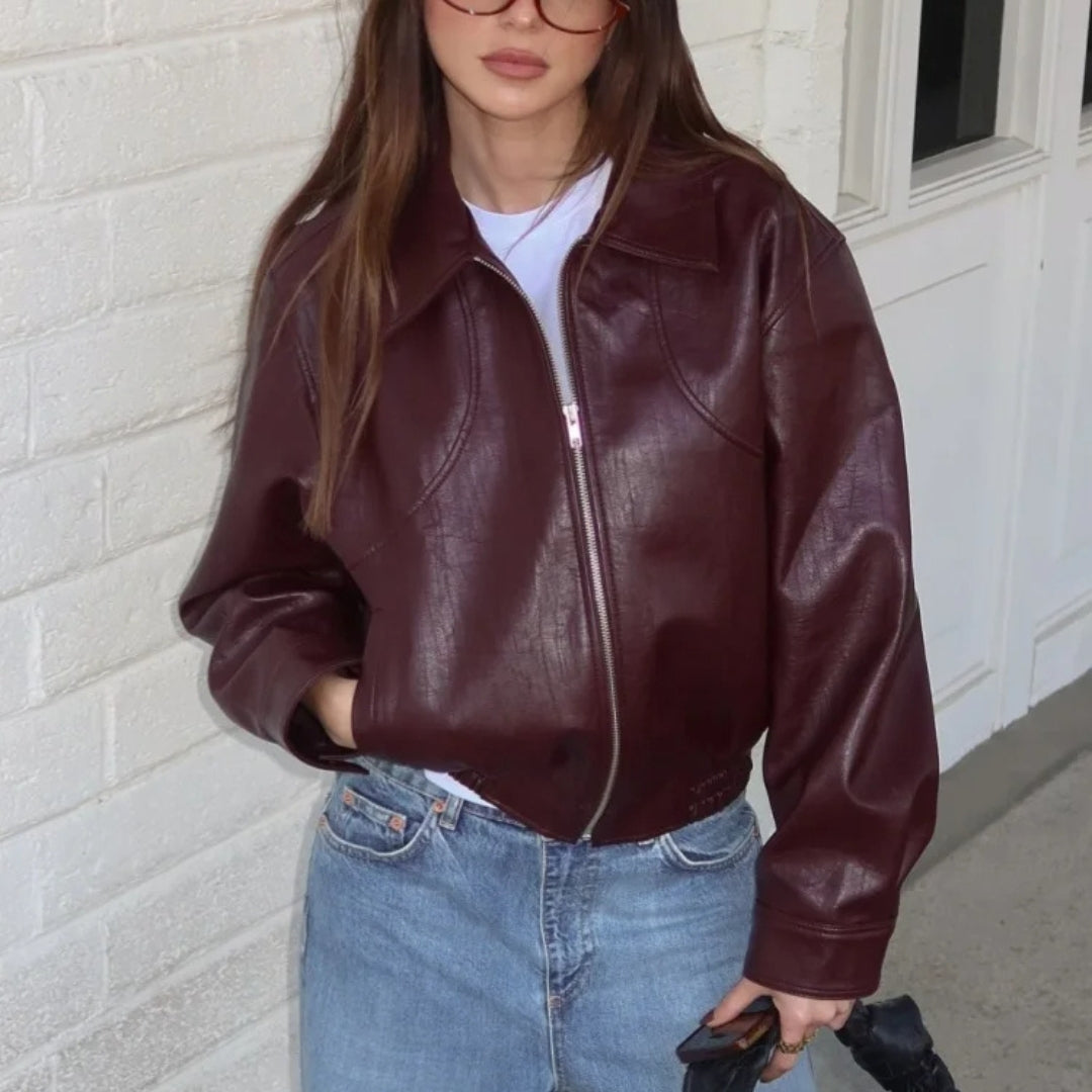 Wine Red PU Leather Cropped Jacket